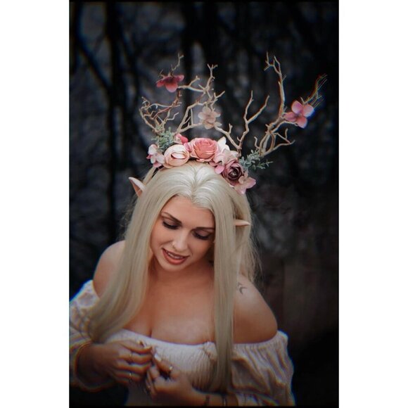 Elf Ears with Antlers Headband Pink Fairy Crown for Costume Cosplay Women main image 9